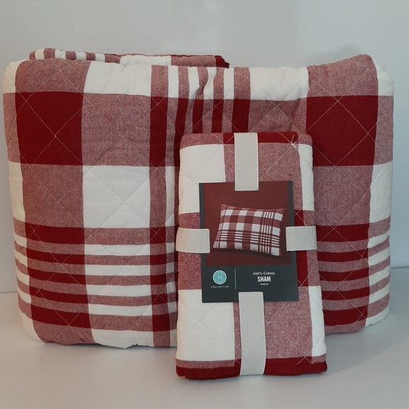 Martha Stewart Red Buffalo Check Plaid King Quilt & One Standard Sham - Picture 2 of 16